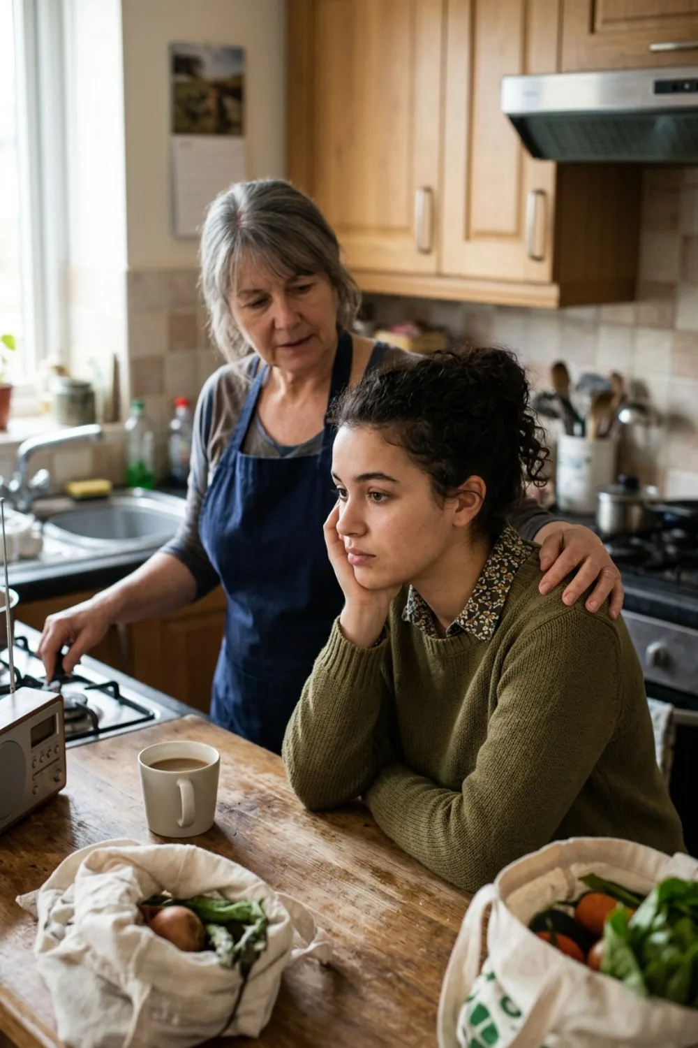 un joven adulto de perfil, concentrado mientras prepara café en la cocina compartida con sus padres, mostrando la vida cotidiana en el hogar