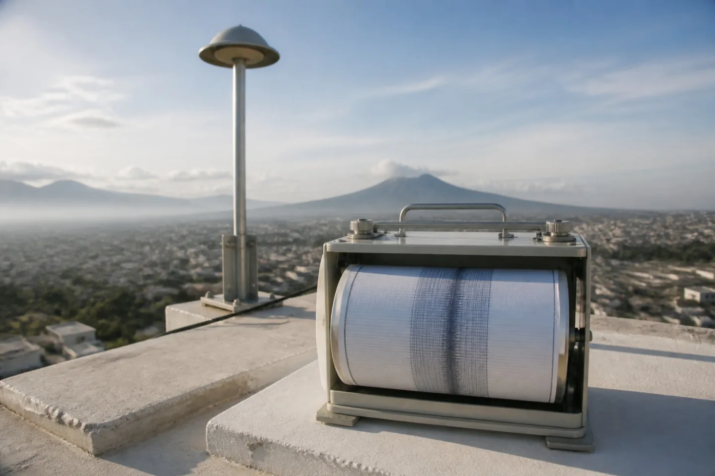medidor digital de sismicidad mostrando una magnitud moderada después de un temblor, sin daños visibles en estructuras.