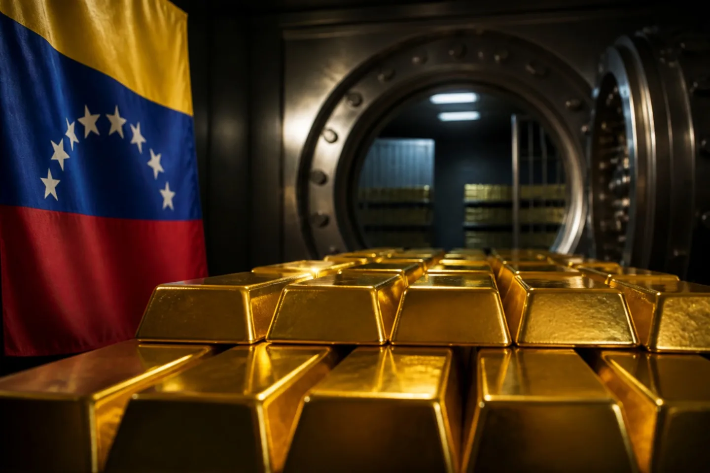vista panorámica de lingotes de oro de venezuela apilados ordenadamente en una bóveda bancaria segura, con reflejos y luz tenue