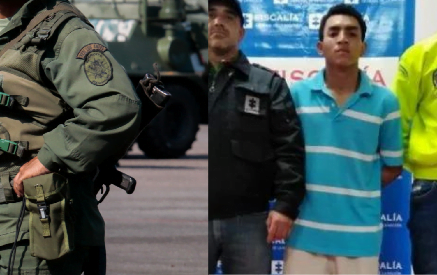 un militar de pie / un hombre capturado por las autoridades / TransMilenio