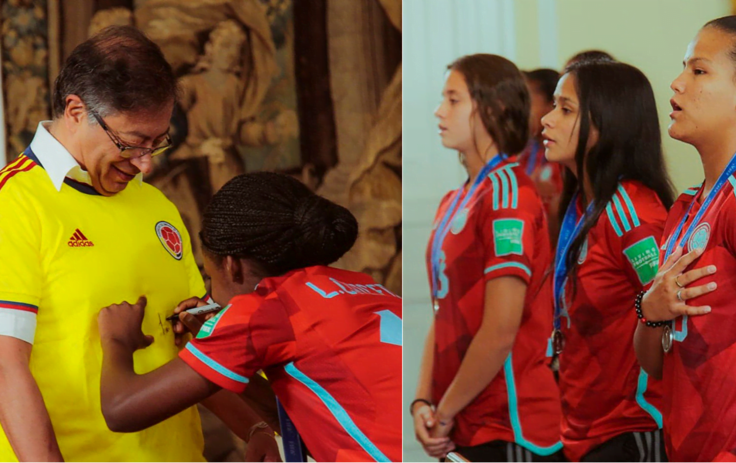 Linda Caicedo autografió camiseta de Petro / jugadores de la selección cantan el himno.