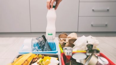 La mujer lanza lata de plástico a uno de los cuatro recipientes para clasificar basura / reciclar